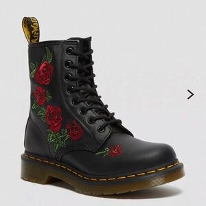 Dr. Martens 1460 Vonda Floral Leather Lace Up Boots Red Rose Embroidery
